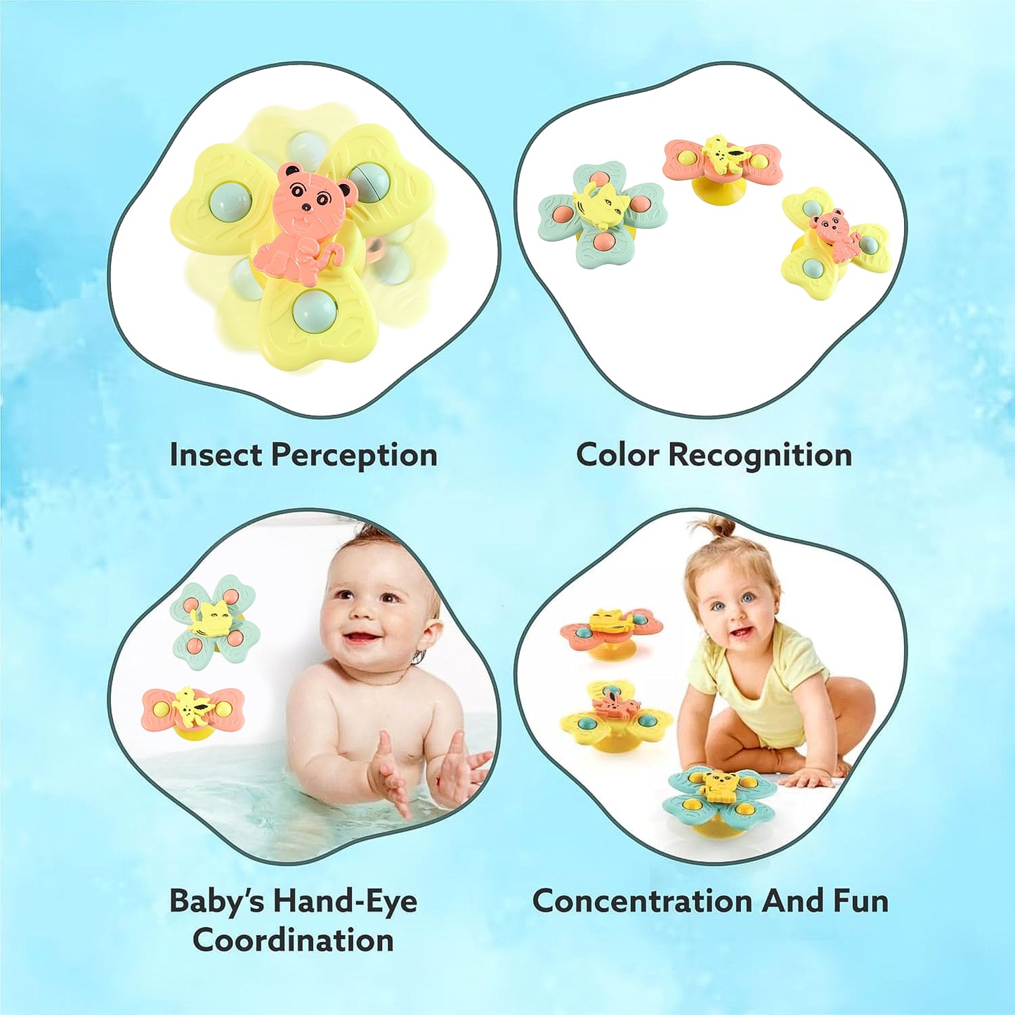 Wukusy Buzzy Baby Spinner Toy Set with three colorful suction cup spinning toys for infants and toddlers.