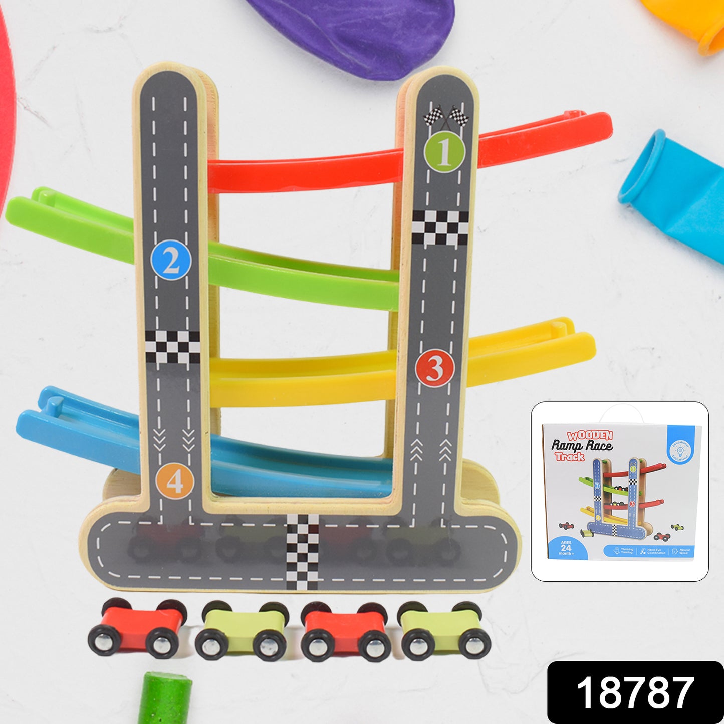 Wukusy wooden car racer track play set with colorful tracks and four mini racers for imaginative racing fun.