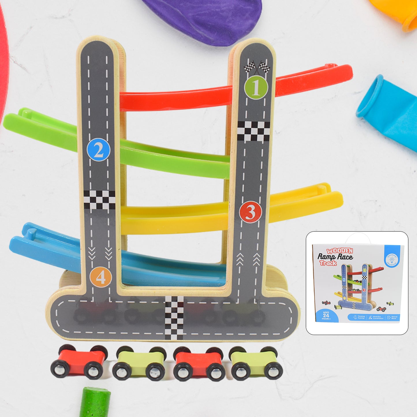 Wukusy wooden car racer track play set with four mini racers and click-clack toy elements for kids' active play.