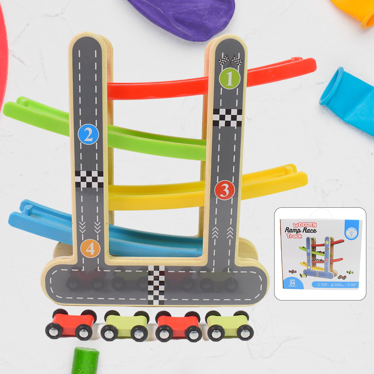 Wukusy wooden car racer track play set with four mini racers and click-clack toy elements for kids' active play.