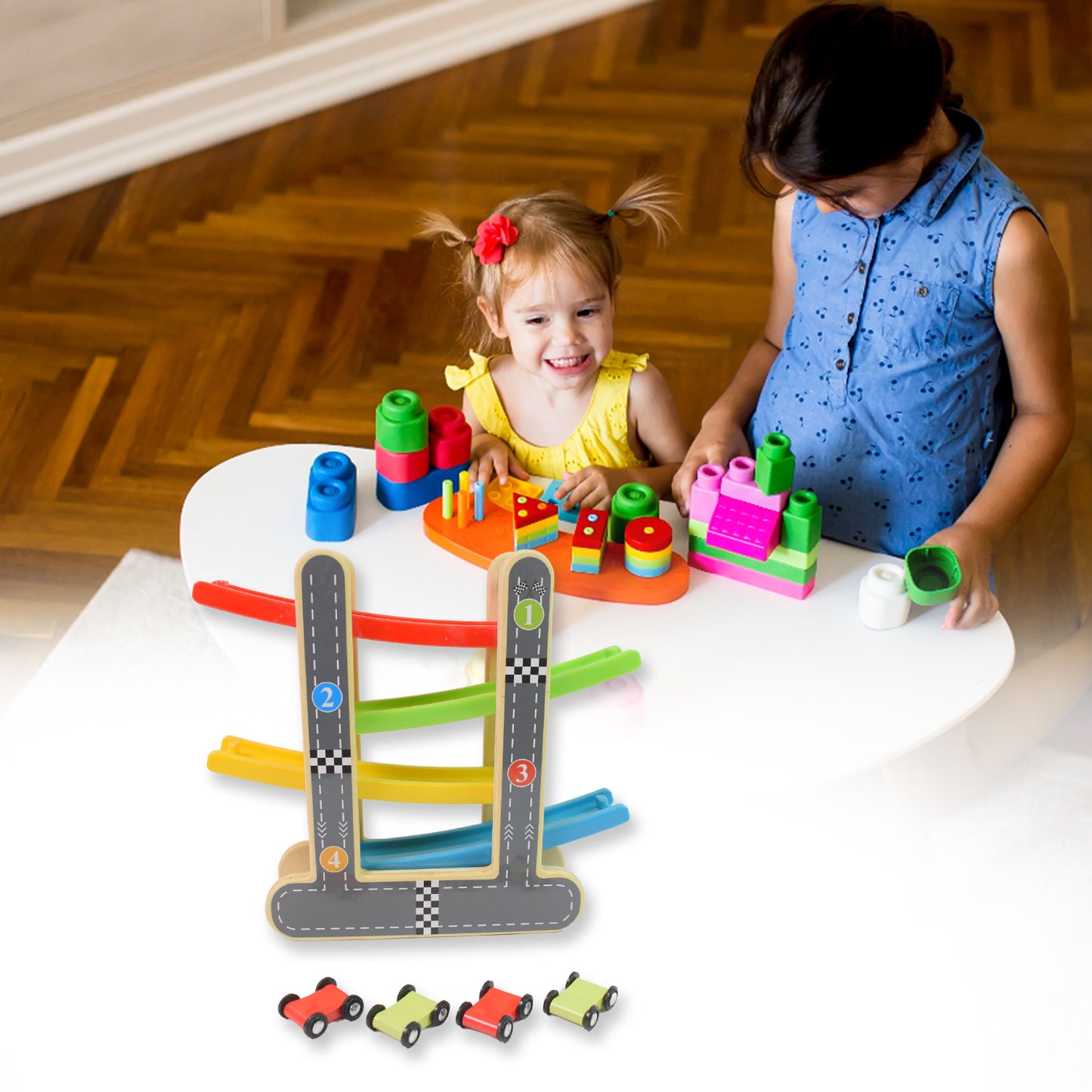 Wukusy wooden car racer track play set with colorful click clack toys and four mini race cars on a wooden track.