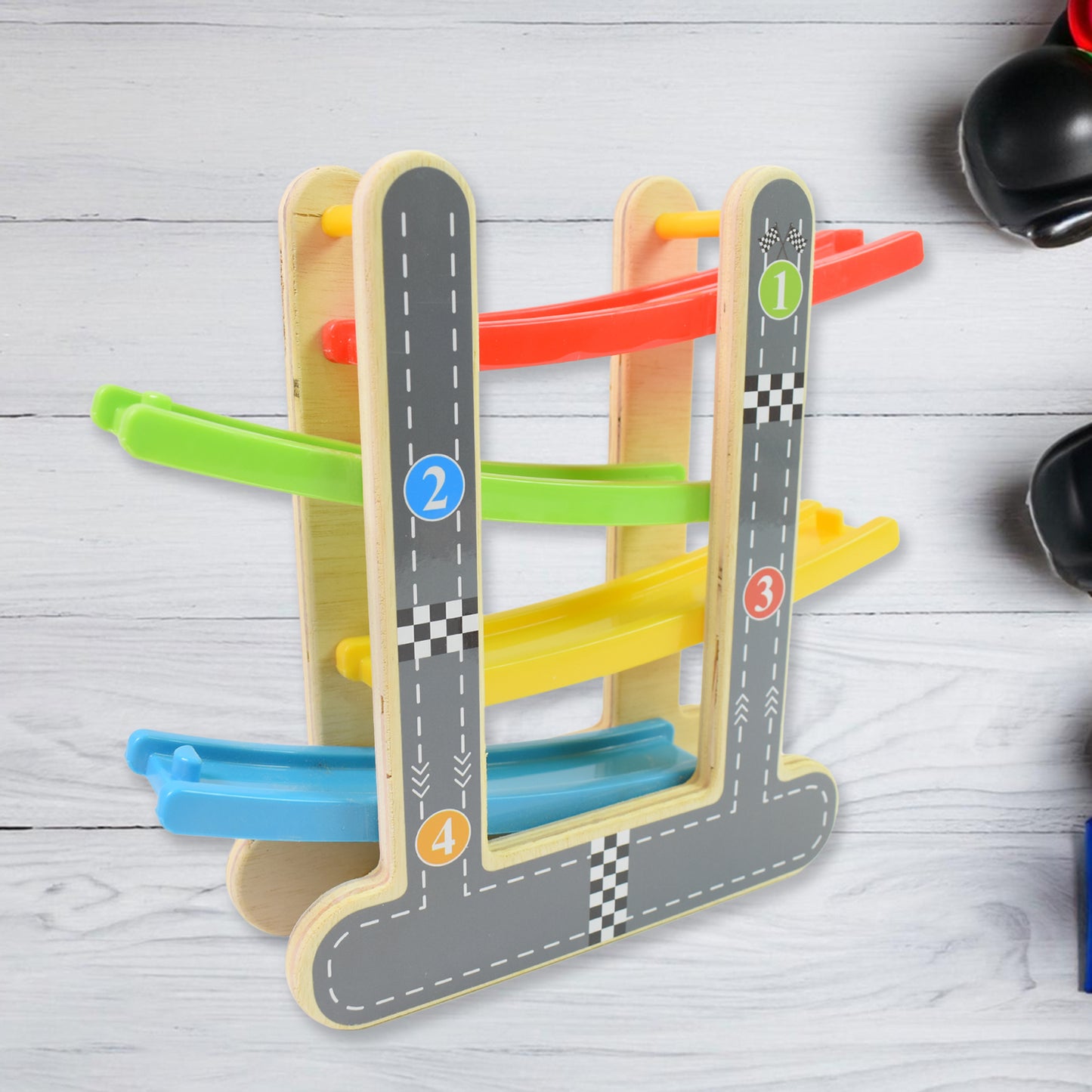 Wooden Wukusy Car Racer Track Play Set with colorful track and four mini click clack toy racers for kids.