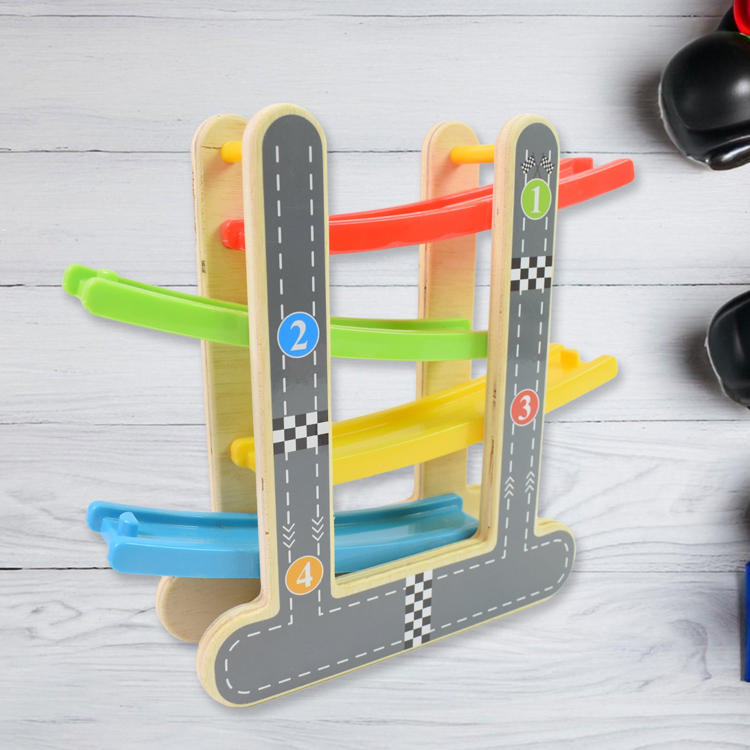 Wooden Wukusy Car Racer Track Play Set with colorful track and four mini click clack toy racers for kids.