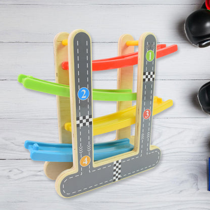 Wooden Wukusy Car Racer Track Play Set with colorful track and four mini click clack toy racers for kids.