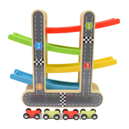 Wooden Wukusy Car Racer Track Play Set with four mini racers and click-clack toy features for kids' imaginative racing fun.