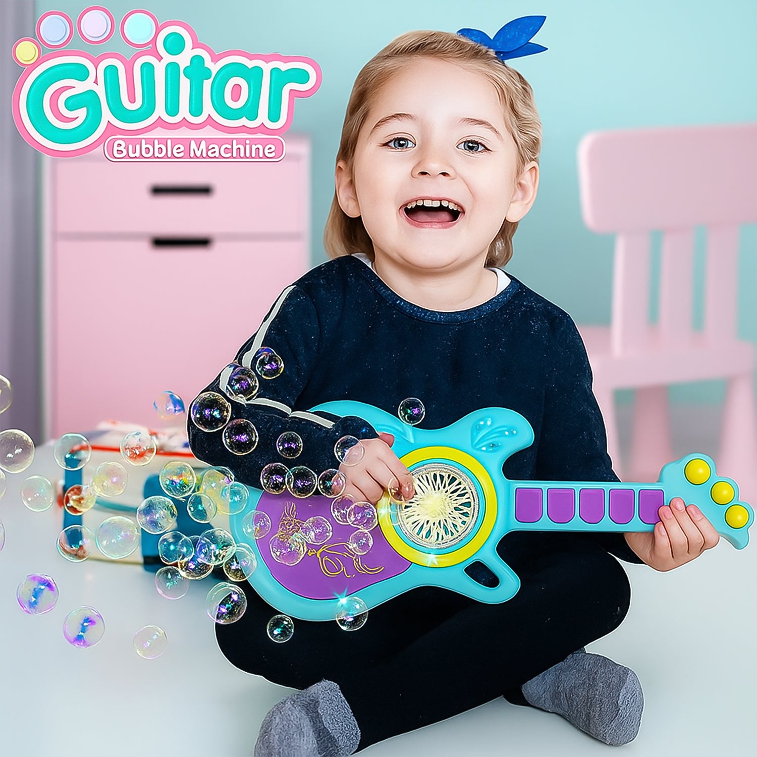 Electric guitar-shaped bubble machine set by Wukusy, a fun toy with a guitar design that produces bubbles automatically.