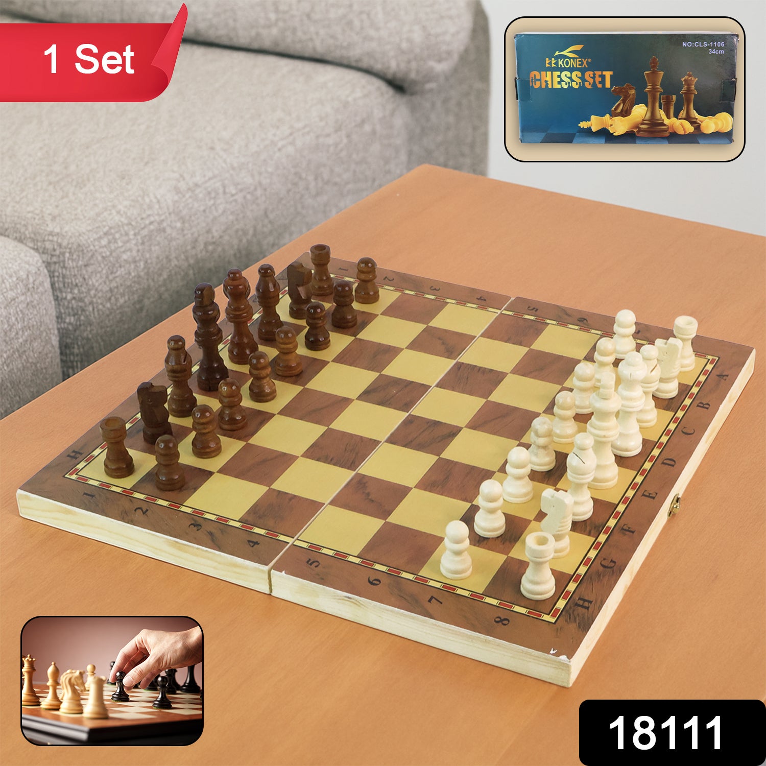 Foldable wooden chess board set by Wukusy, 30x30 cm, featuring a portable design for chess games and toy play.