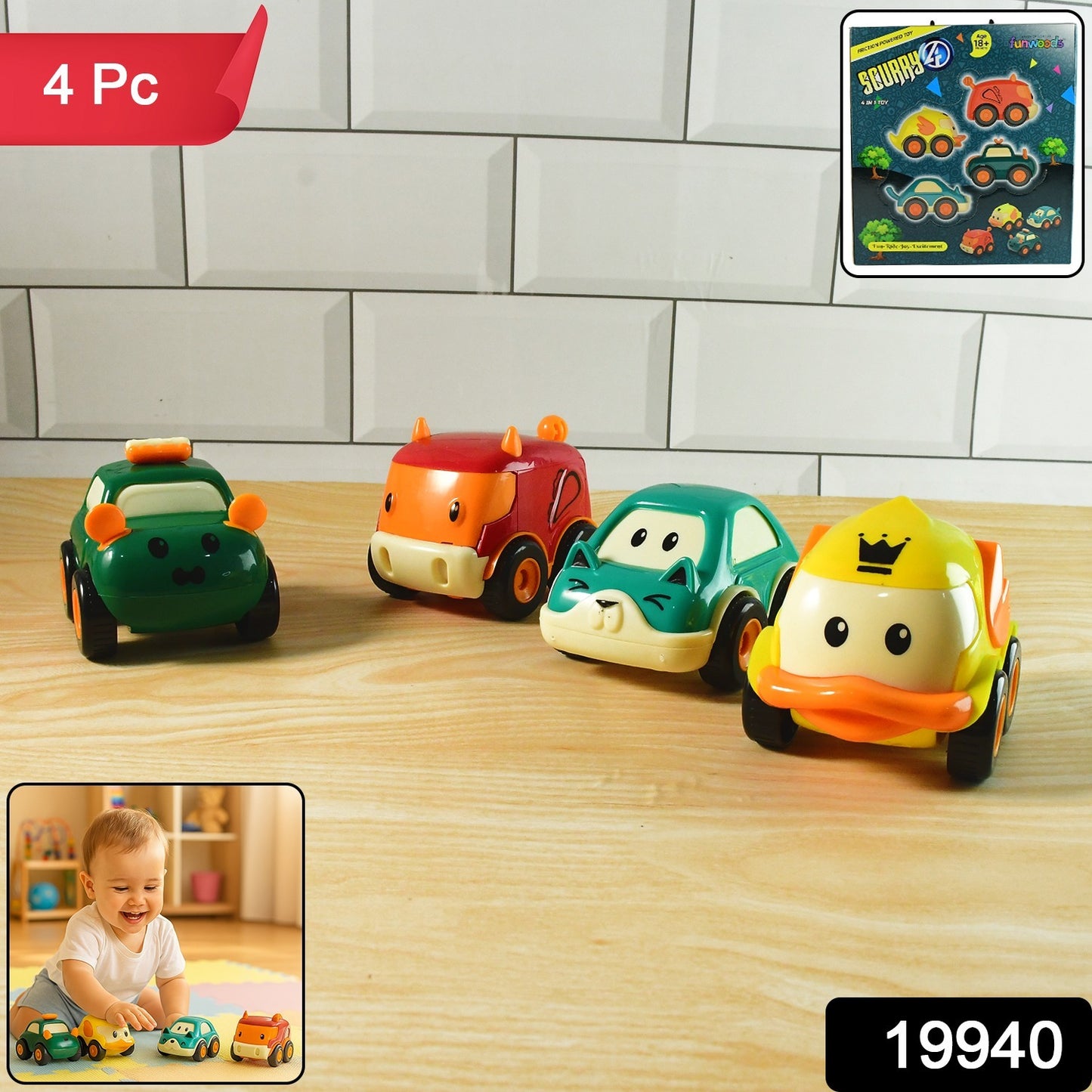 Set of four Funwoods Animal Cartoon Pull-back Toy Cars by Wukusy, colorful plastic toy cars for children.