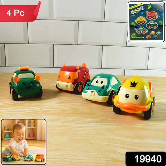 Set of four Funwoods Animal Cartoon Pull-back Toy Cars by Wukusy, colorful plastic toy cars for children.