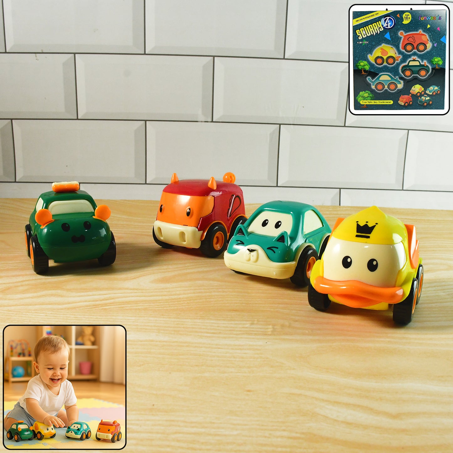 Set of four Wukusy Funwoods Animal Cartoon Pull-back Toy Cars for kids, colorful and fun animal-themed toy cars.