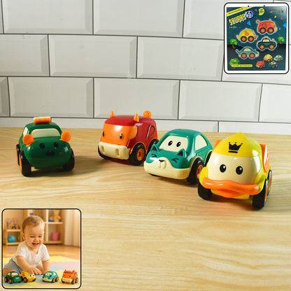 Set of four Wukusy Funwoods Animal Cartoon Pull-back Toy Cars for kids, colorful and fun animal-themed toy cars.
