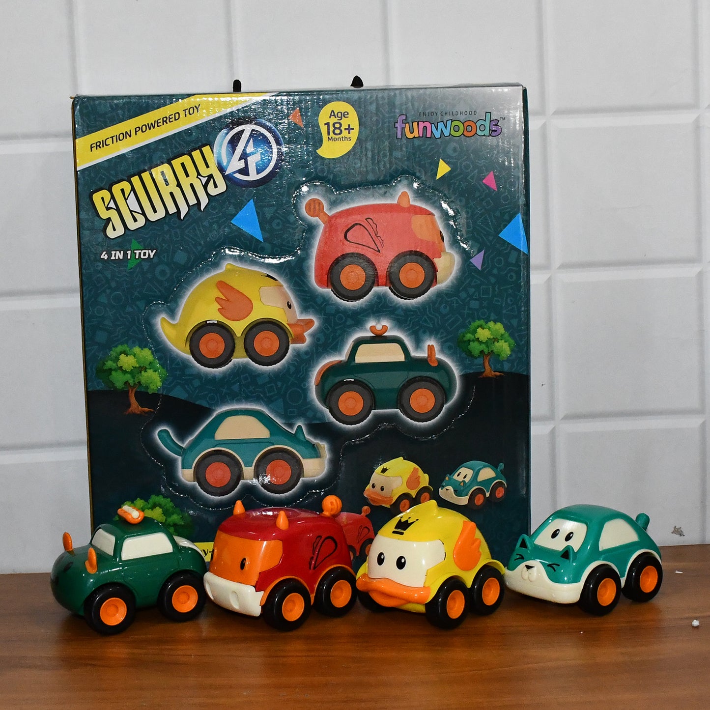 Set of four Wukusy Funwoods Animal Cartoon Pull-back Toy Cars for kids, featuring colorful animal designs and durable plastic construction.