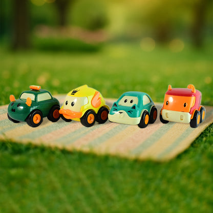 Set of four Wukusy Funwoods animal cartoon pull-back toy cars featuring colorful, playful animal designs for children.