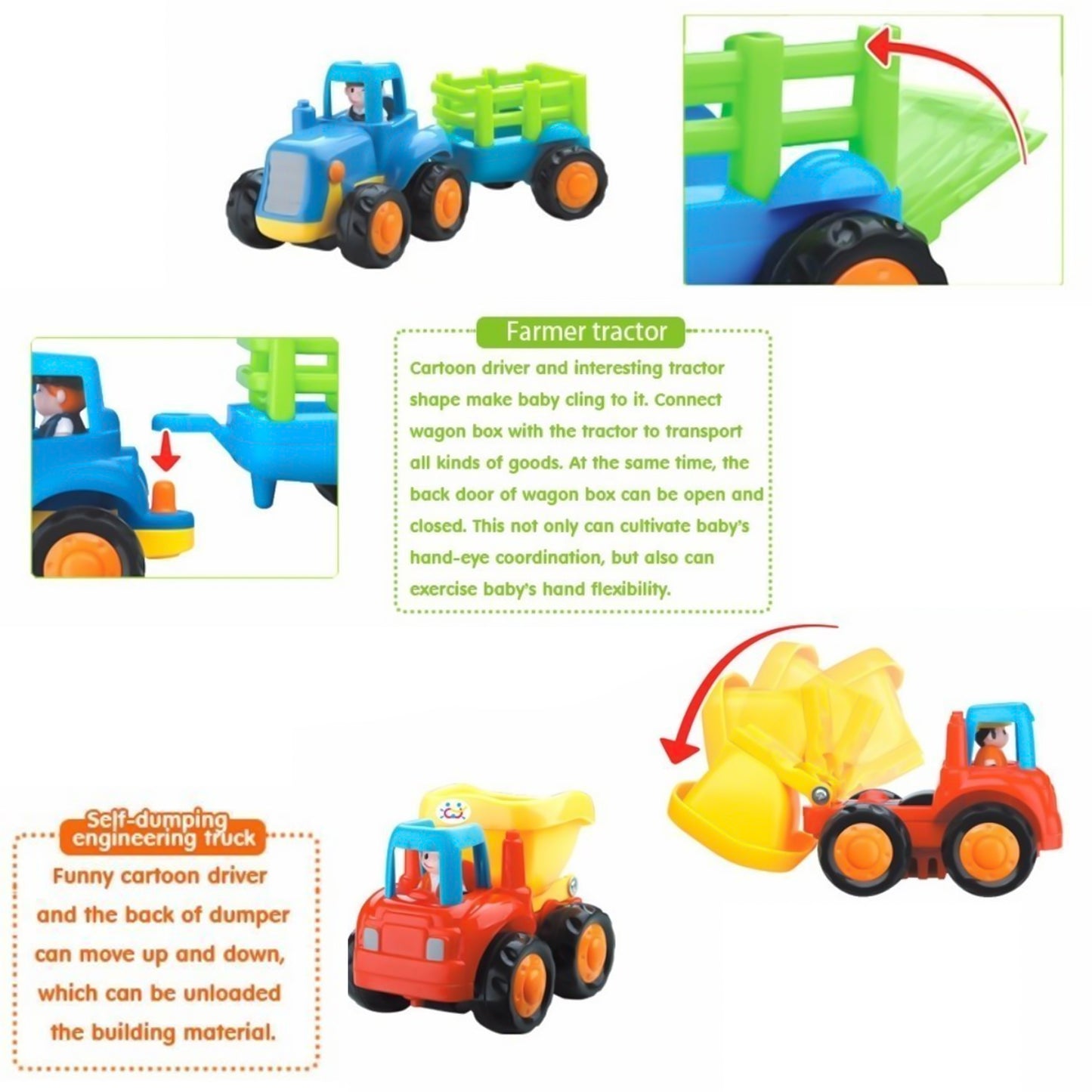Wukusy Funwoods construction vehicle toy set for kids, includes four colorful toy trucks and construction tools.