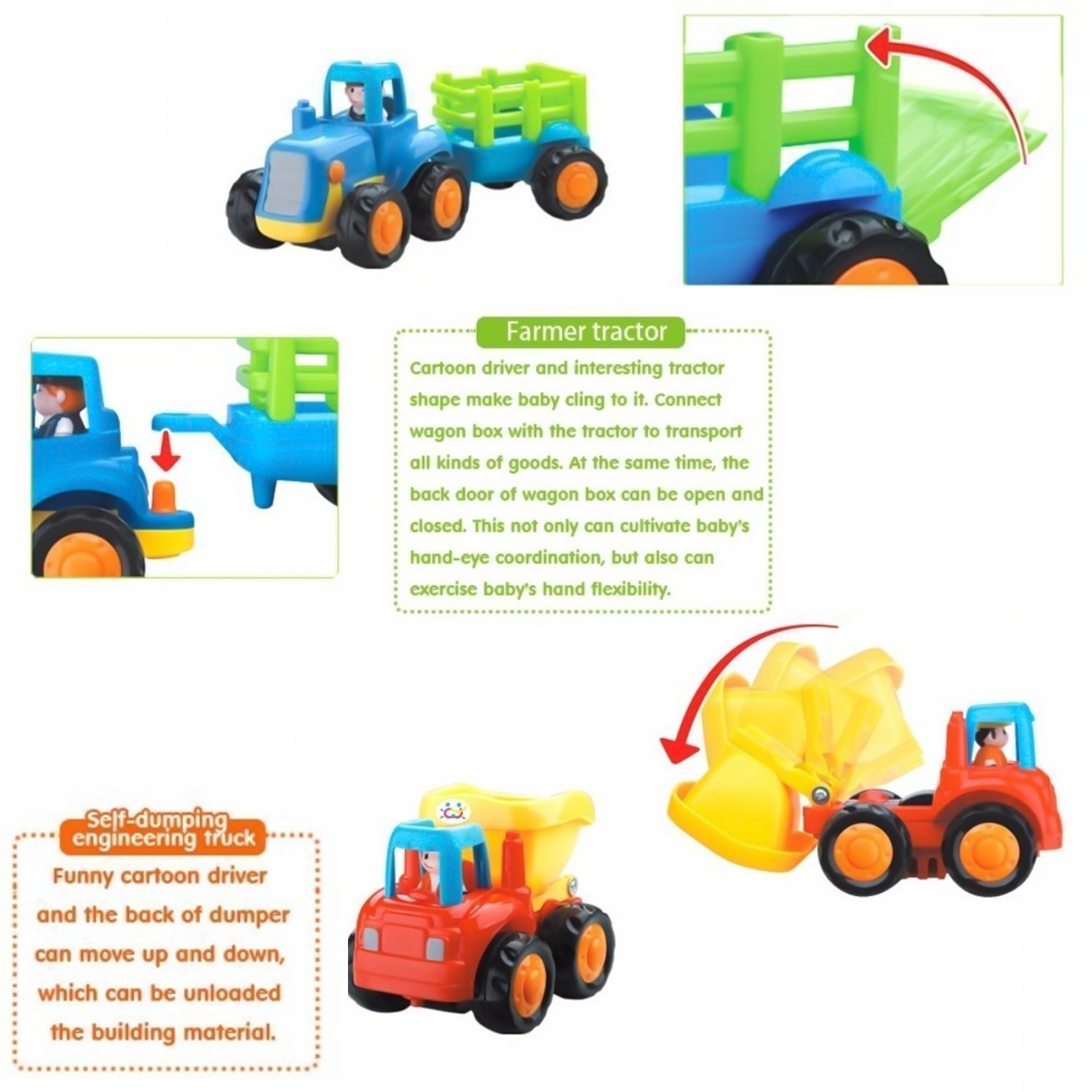 Wukusy Funwoods construction vehicle toy set for kids, includes four colorful toy trucks and construction tools.