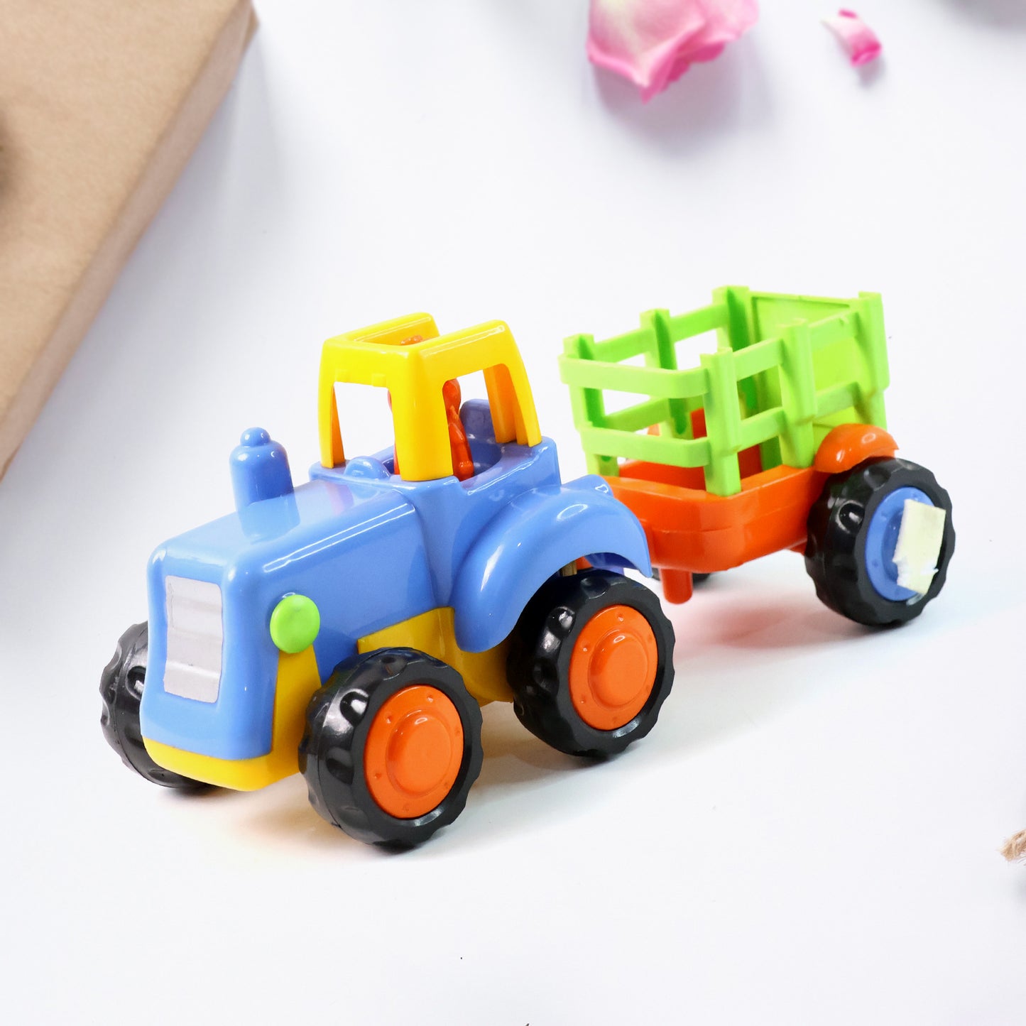 Wukusy Funwoods construction vehicle toy set for kids, includes four colorful construction trucks and equipment for imaginative play.