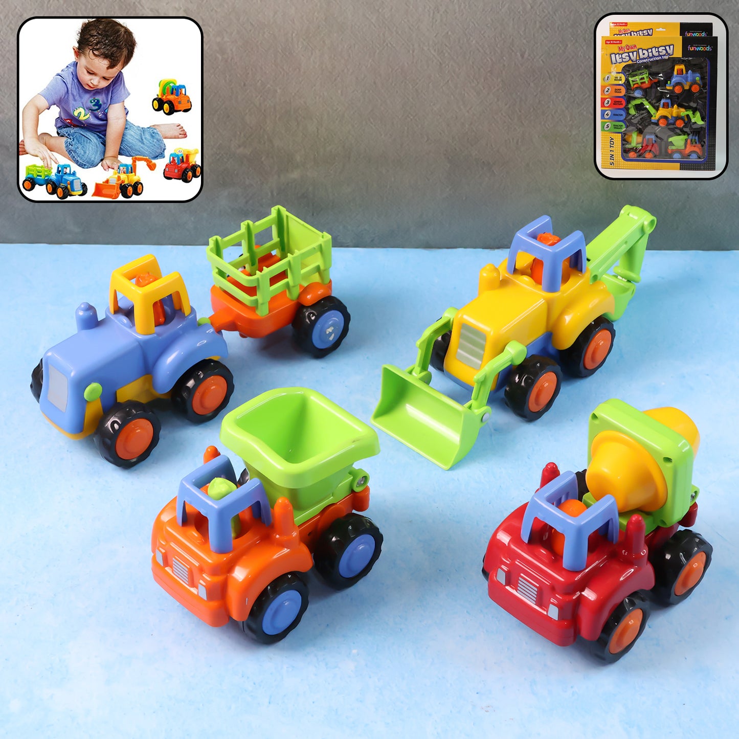 Wukusy Funwoods construction vehicle toy set for kids, includes four colorful plastic construction trucks and tools.