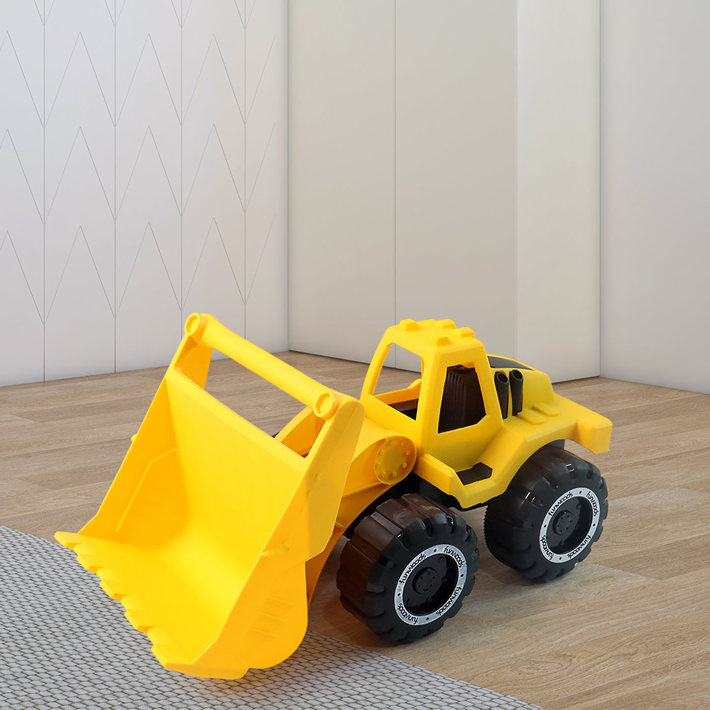 Wukusy Funwoods friction-powered front loader bulldozer toy with yellow body and black tracks, designed for children’s play.