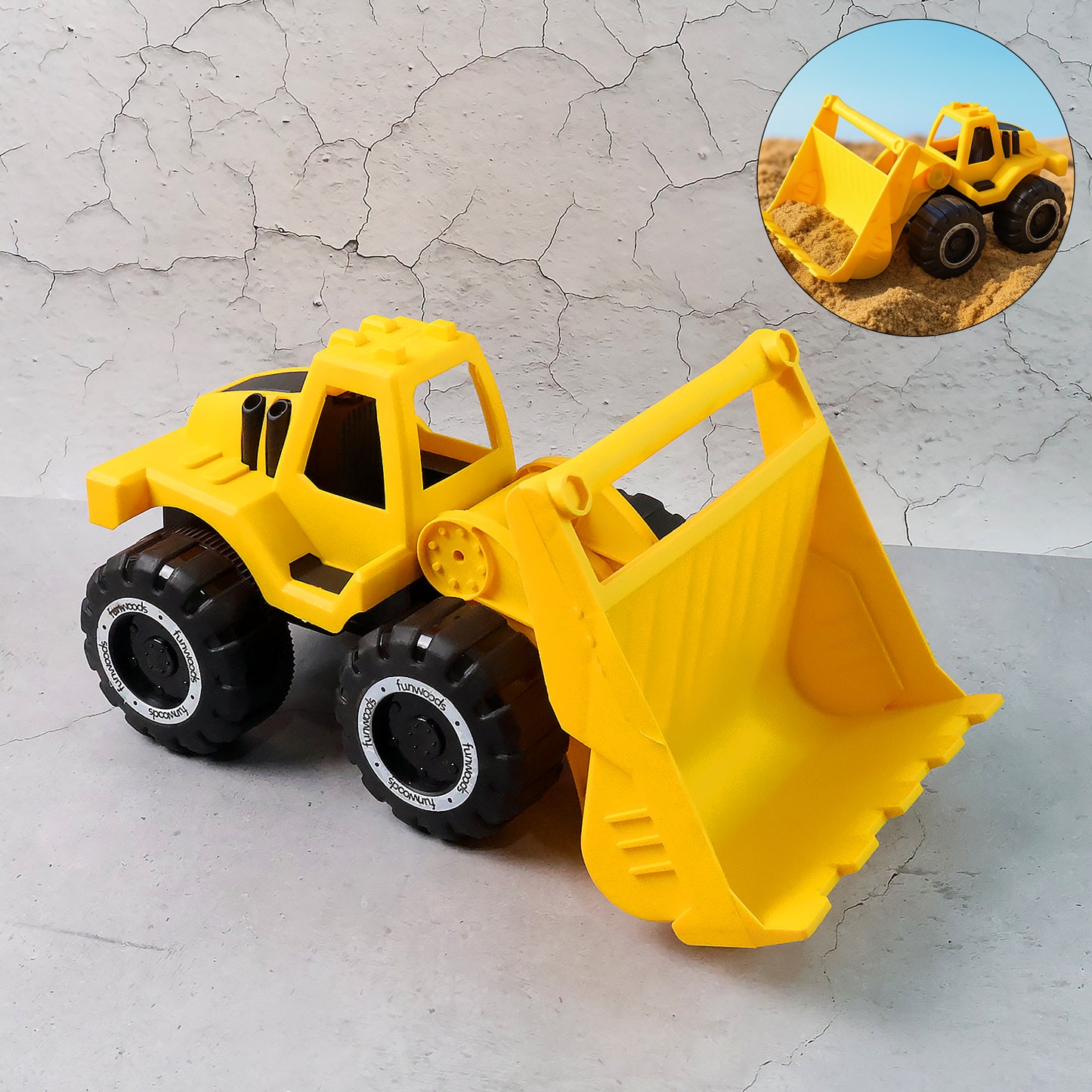 Wukusy Funwoods friction-powered front loader bulldozer toy for kids, featuring realistic construction vehicle design and durable plastic parts.