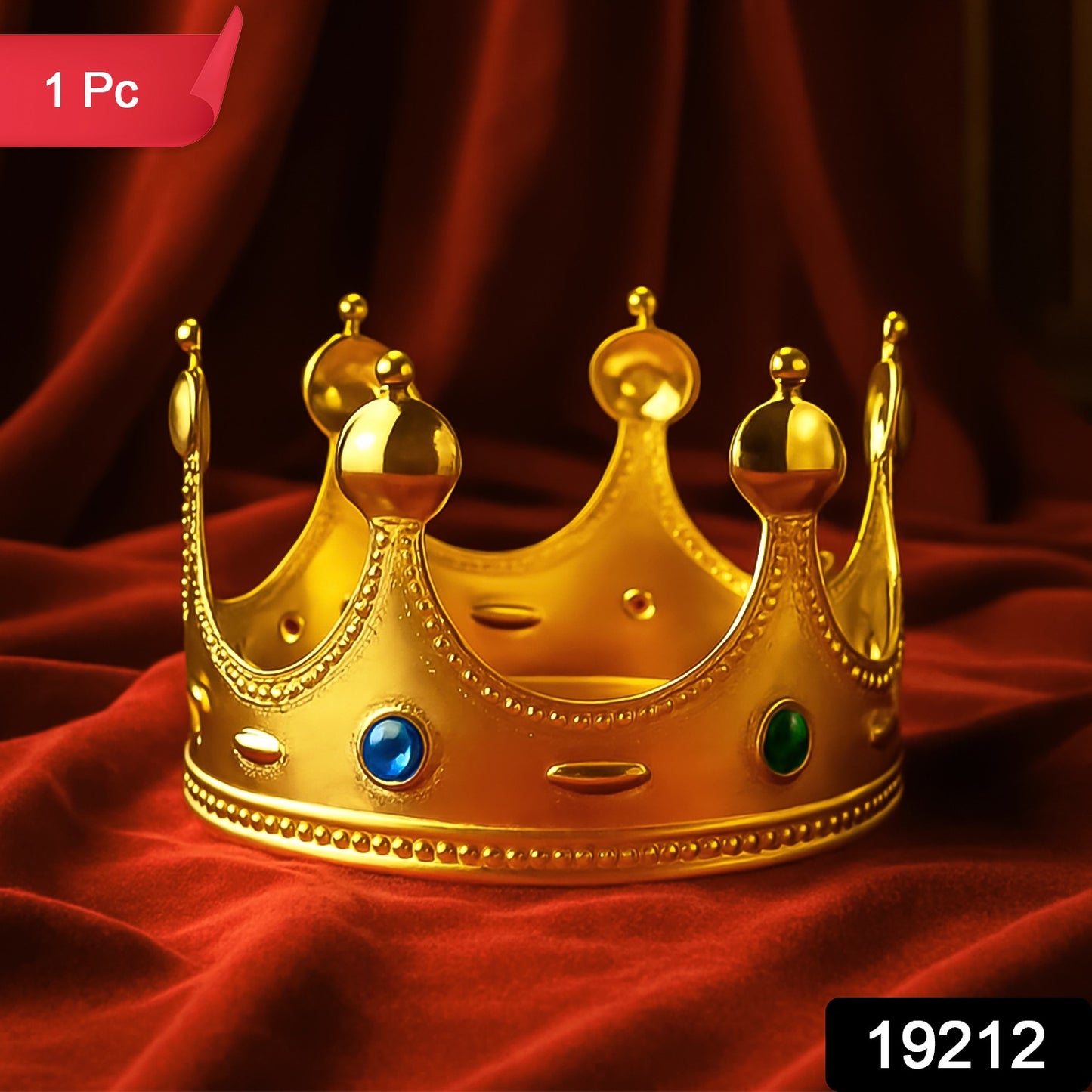 Golden Royal Crown with colorful gems toy by Wukusy featuring a shiny gold finish and vibrant gemstone accents.