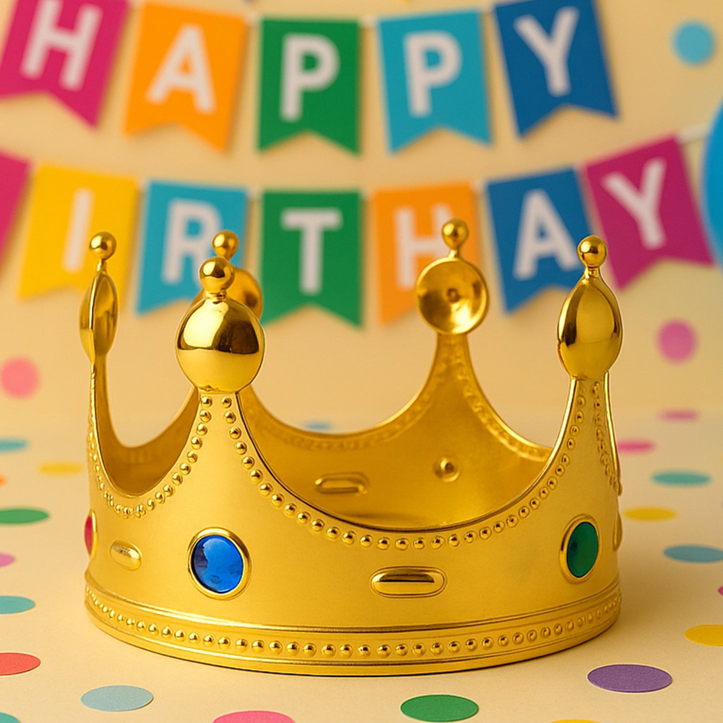 Wukusy toy golden royal crown with colorful gem accents, ideal for dress-up and imaginative play.