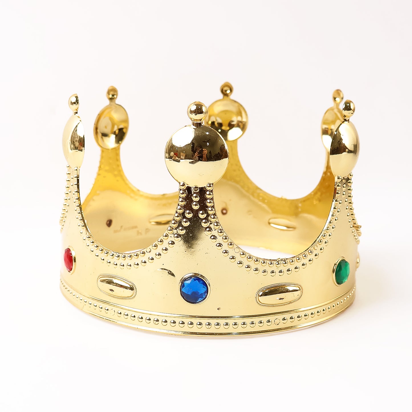 Wukusy toy golden royal crown with colored gems and intricate detailing, perfect for dress-up and imaginative play.