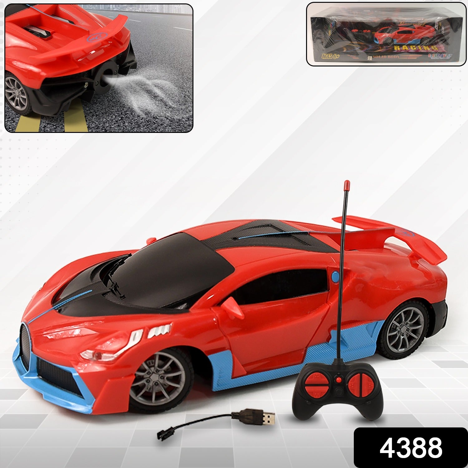Wukusy high-speed RC sports car toy with spray exhaust effect, showcasing sleek design and vibrant colors in action.