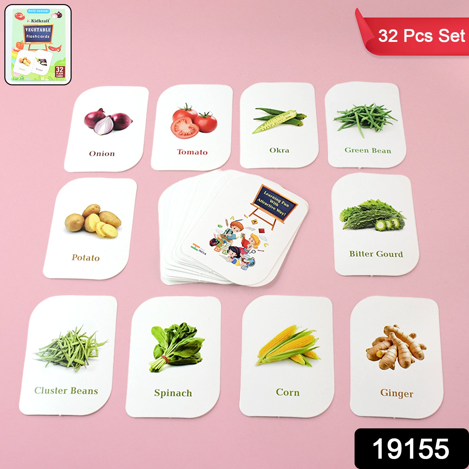 Wukusy Kidkraft 32-piece educational vegetable flash cards set for kids, featuring colorful images of various vegetables.