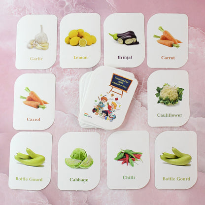 Wukusy Kidkraft 32-piece educational vegetable flash cards set featuring colorful images of various vegetables for kids' learning.