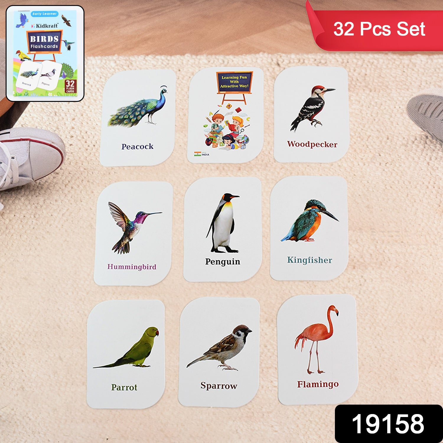 Wukusy Kidkraft Early Learner educational flashcards featuring 32 colorful bird illustrations for kids' learning and play.