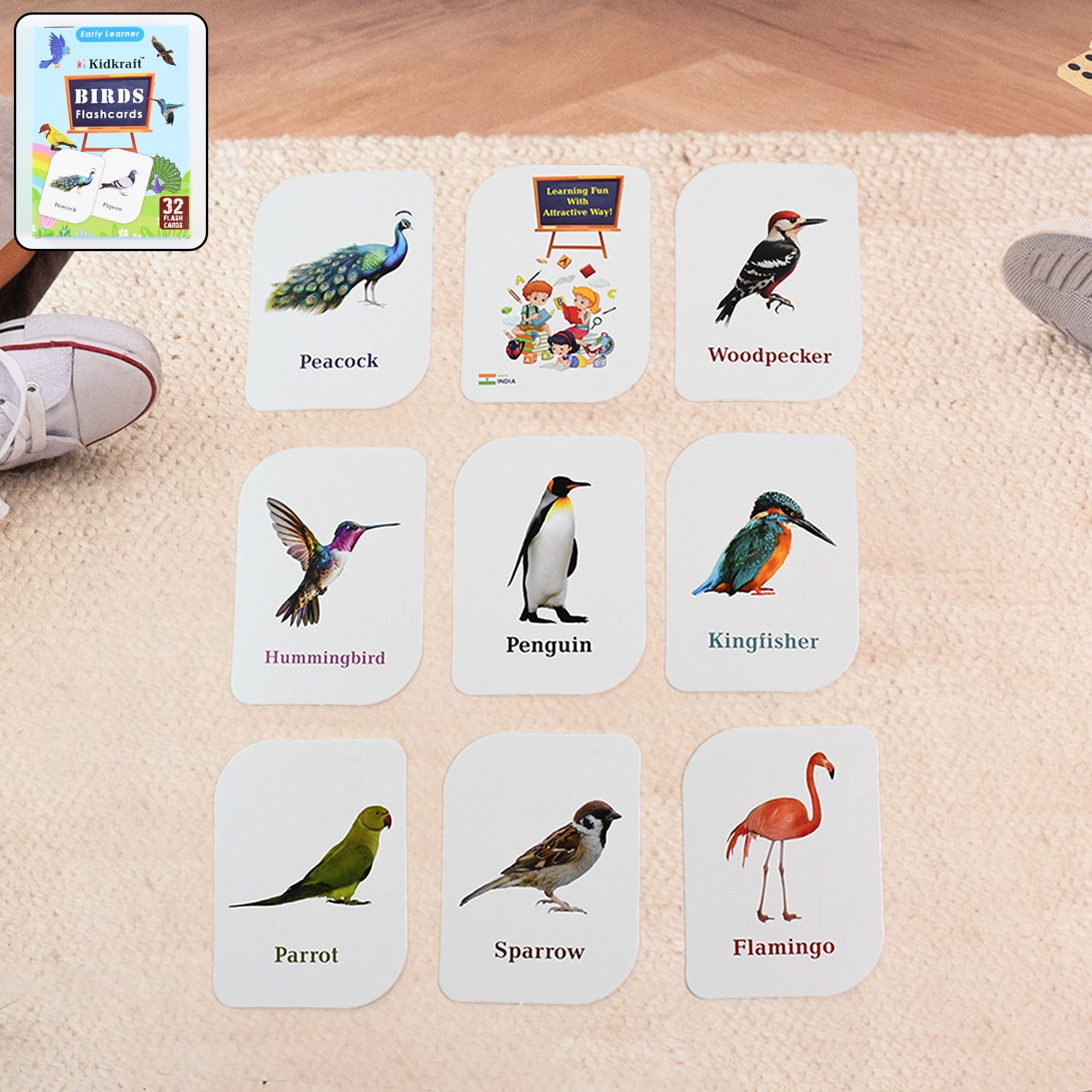 Wukusy Kidkraft Early Learner Educational Flashcards featuring colorful illustrations of 32 different bird images for kids.