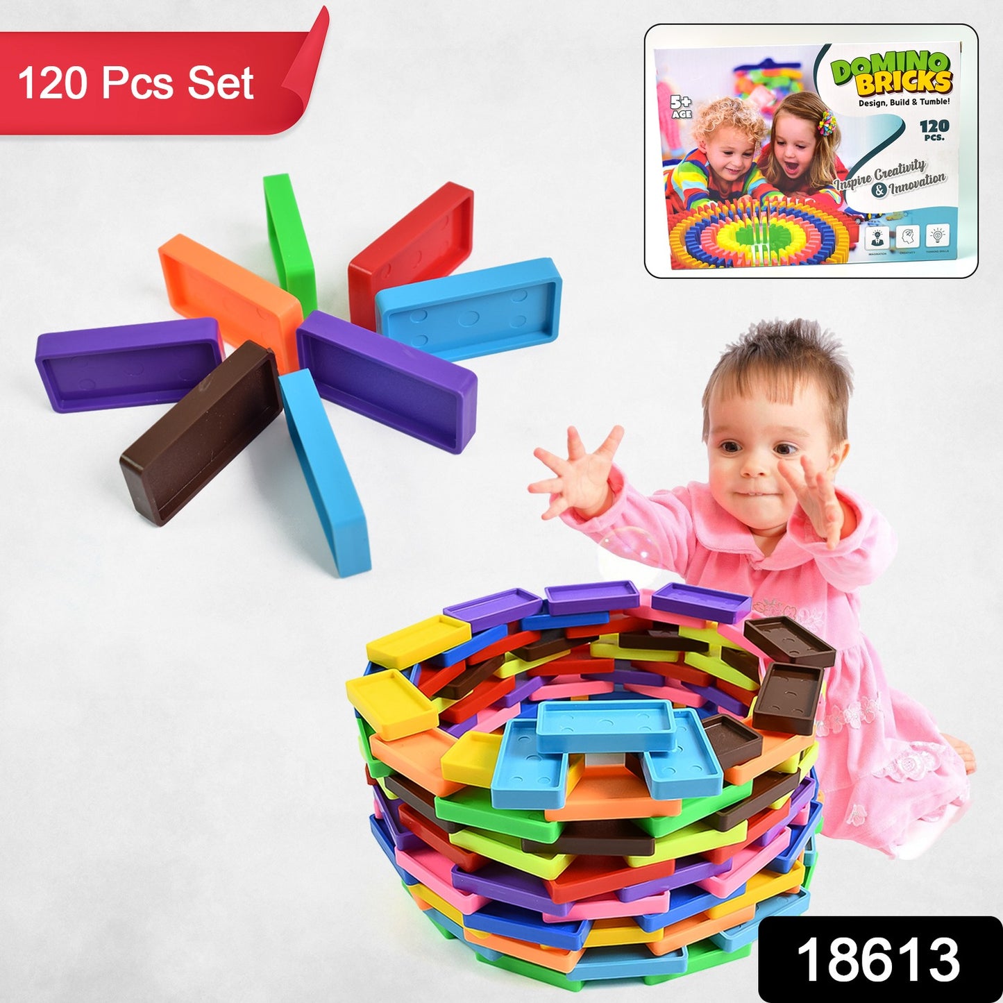 Kids' Wukusy 120-piece domino blocks set with colorful plastic dominoes for imaginative play and stacking fun.