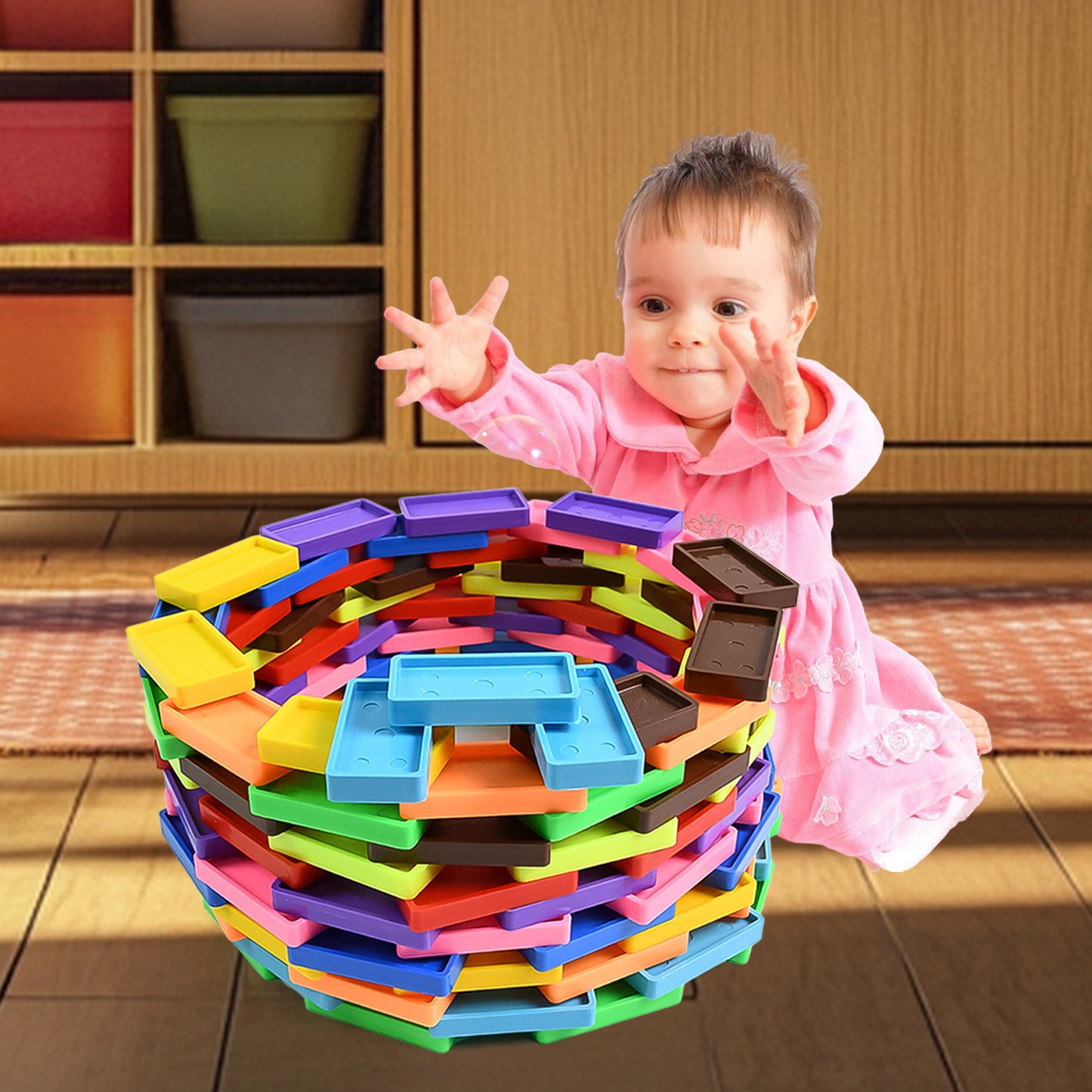 Kids Wukusy 120-piece domino blocks set with colorful plastic dominoes for children’s play and stacking fun.