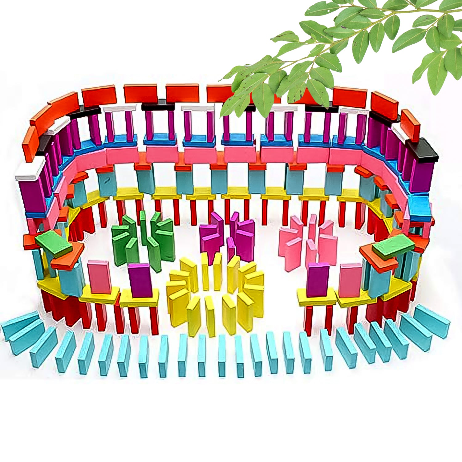 Wukusy Kids 120 Domino Blocks set with colorful plastic domino tiles arranged in a playful display.