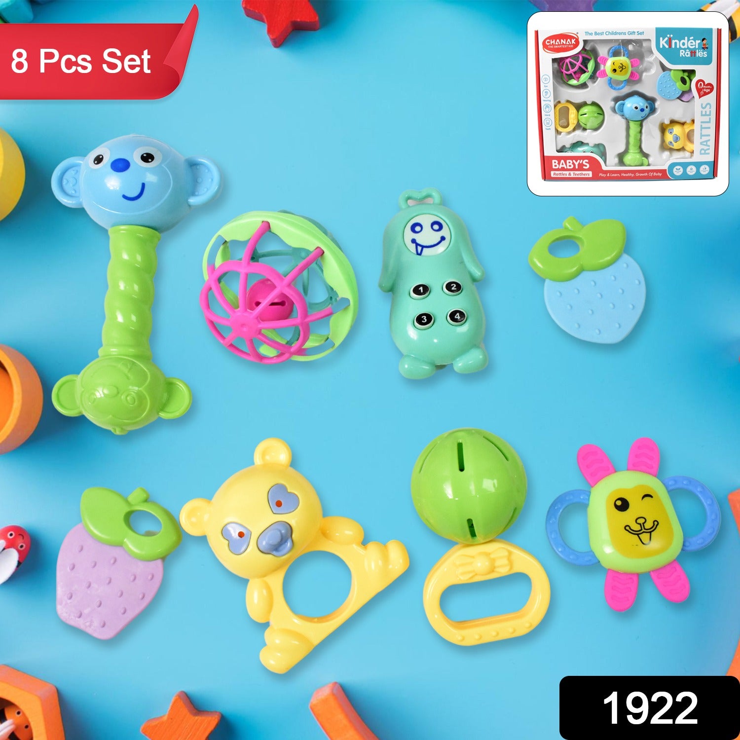 Set of 8 Wukusy Kinder Rattles and Teething Balls for babies, made of non-toxic plastic, shake and grab design for sensory play.