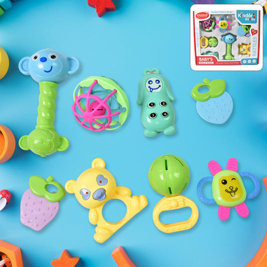 Set of 8 Wukusy Kinder Rattles and Teethers for babies, with colorful plastic shake and grab balls, non-toxic and child-safe.