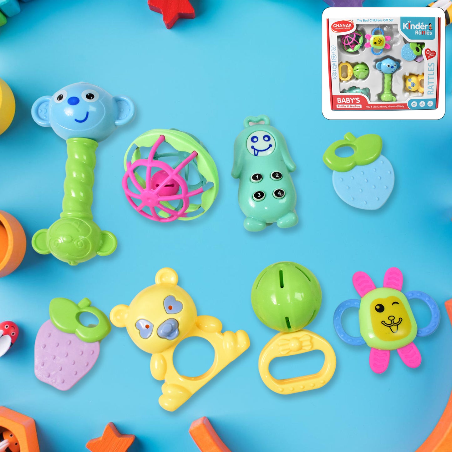 Set of 8 Wukusy Kinder Rattles and Teethers for babies, with colorful plastic shake and grab balls, non-toxic and child-safe.