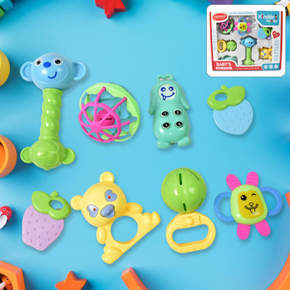 Set of 8 Wukusy Kinder Rattles and Teethers for babies, with colorful plastic shake and grab balls, non-toxic and child-safe.