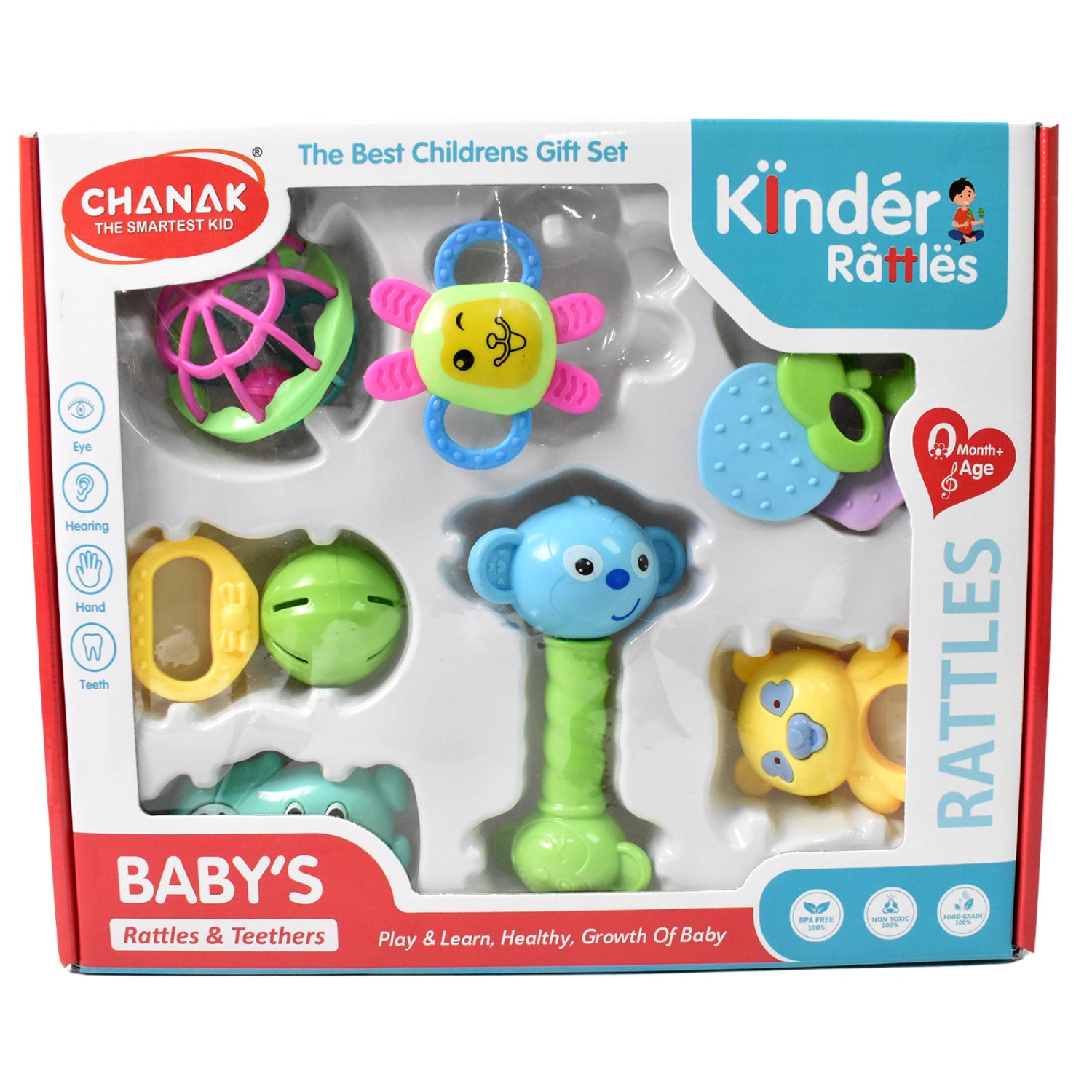 Wukusy Kinder Rattles Classic set with 8 non-toxic plastic shake and grab baby rattles and teethers for infants and toddlers.