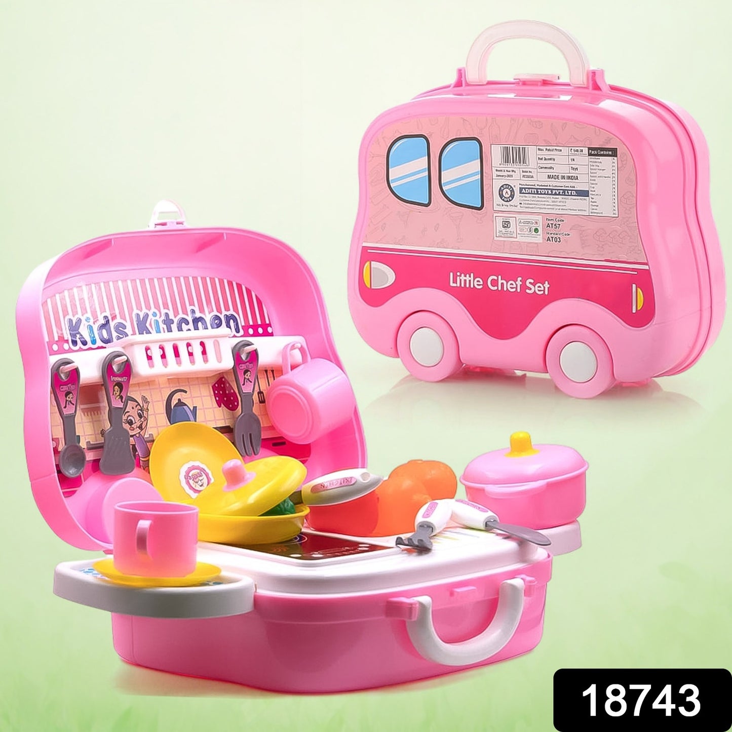 Wukusy kitchen play set for kids girls with 23 pretend play toy pieces, including pots, utensils, and food accessories.