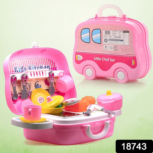 Wukusy kitchen play set for kids girls with 23 pretend play toy pieces, including pots, utensils, and food accessories.
