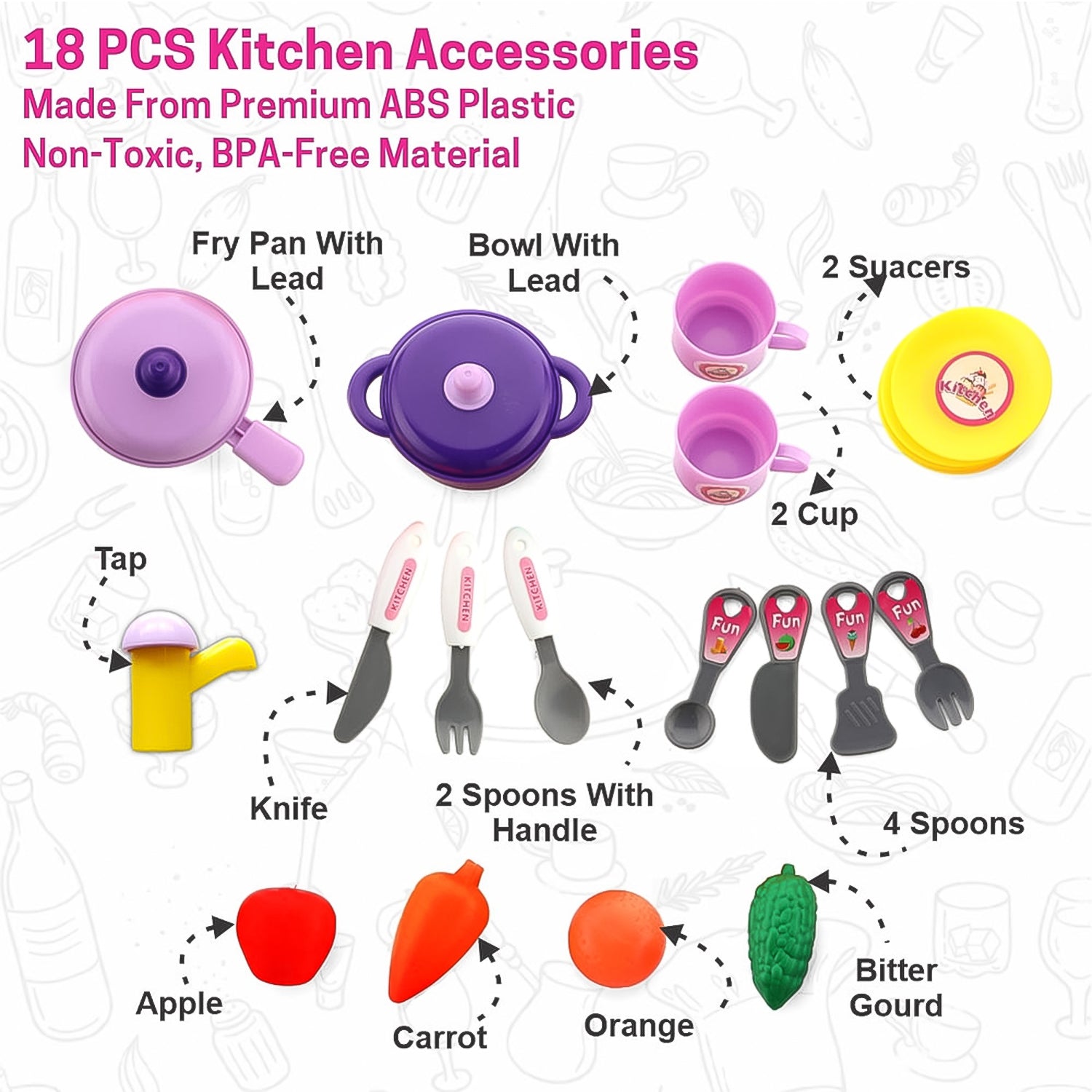 Wukusy kitchen pretend play toy set for kids girls, 23-piece toy kitchen set with colorful utensils and accessories.