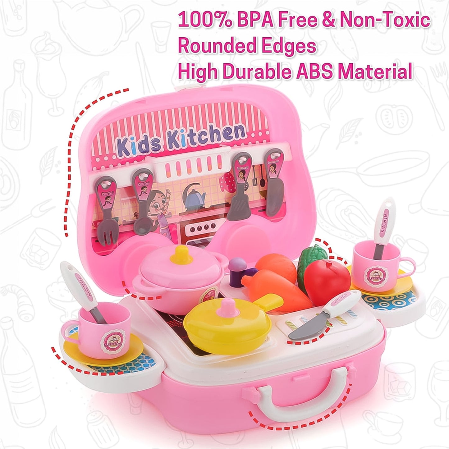 Wukusy kitchen play set for kids, 23-piece pretend cooking toy set designed for girls with colorful utensils and accessories.