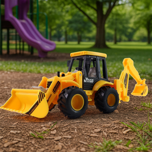 Wukusy Lala Friction Powered JCB Style Backhoe Loader Construction Toy Truck for Kids, detailed plastic construction toy with moving parts.