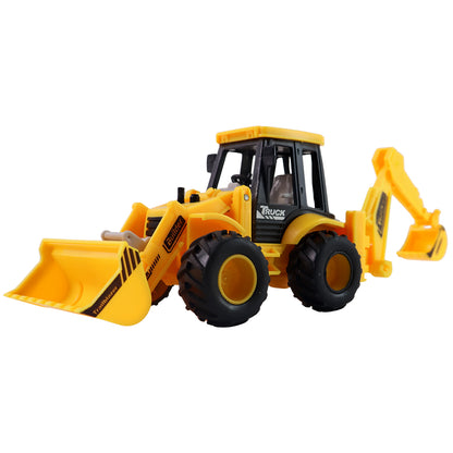 Wukusy Lala friction-powered JCB-style backhoe loader construction toy truck for kids, featuring realistic design and movable parts.