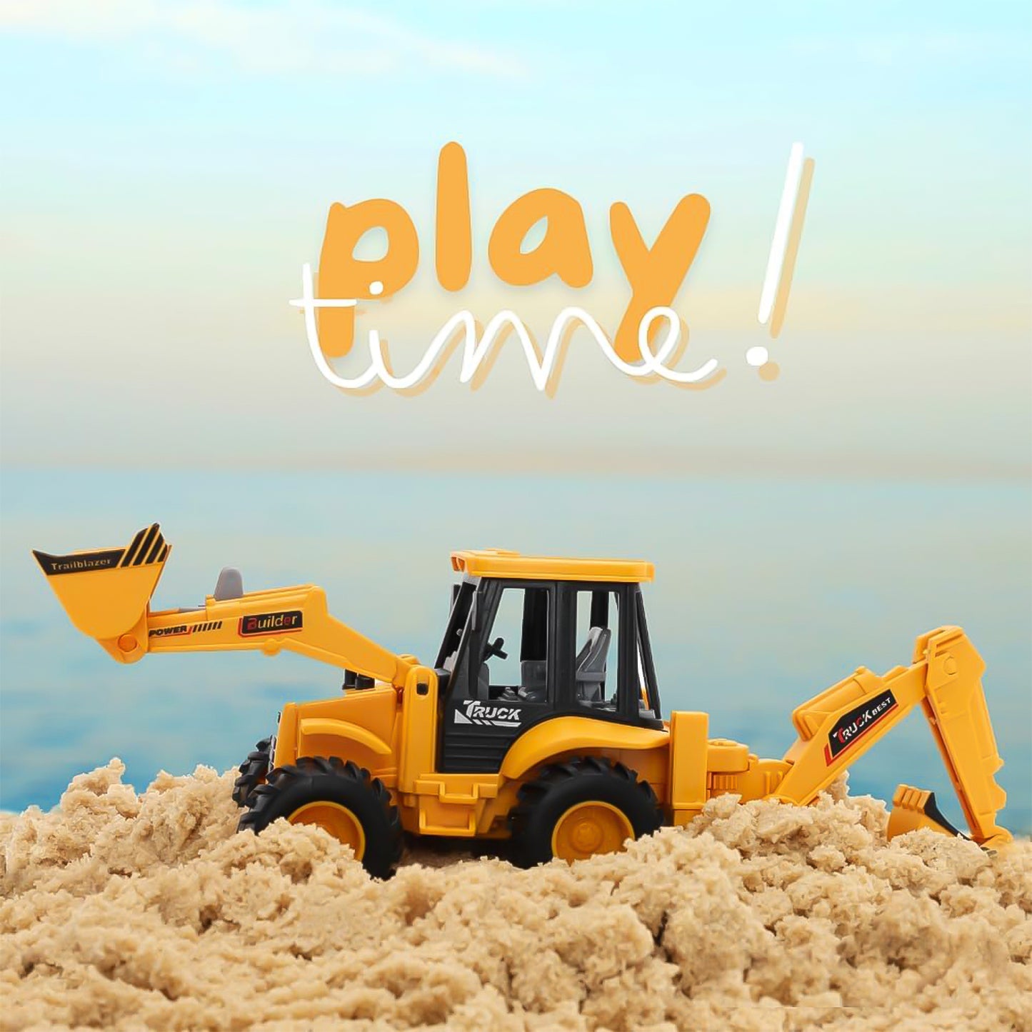Wukusy Lala Friction Powered JCB Style Backhoe Loader Construction Toy Truck for Kids, showing the detailed toy with working backhoe arm