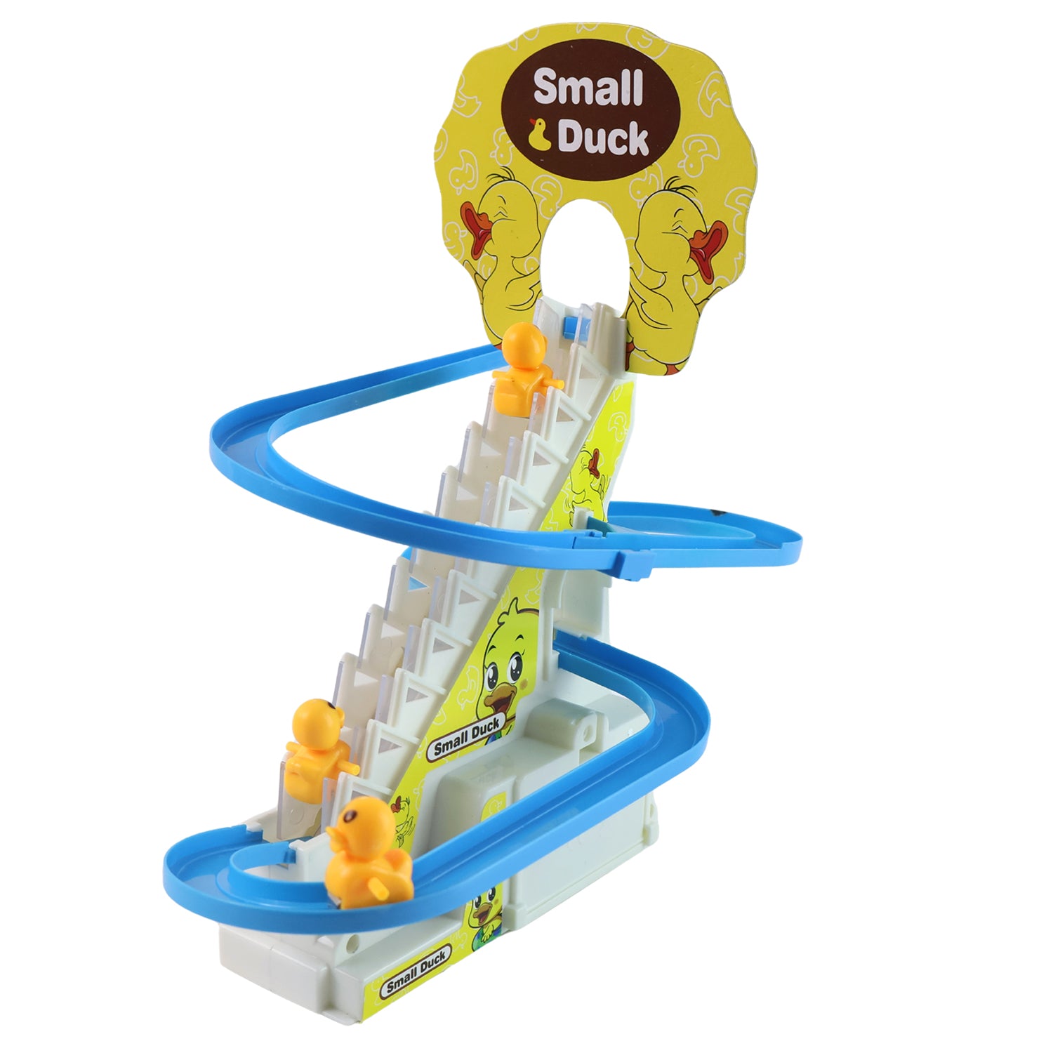 Wukusy Lala Small Duck Climb Stairs Toy Roller Coaster with flashing lights and music, featuring three colorful ducks.