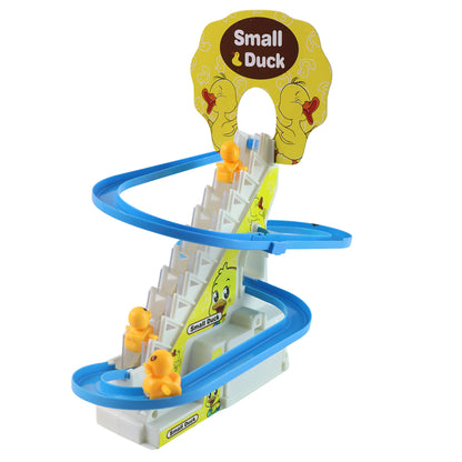 Wukusy Lala Small Duck Climb Stairs Toy Roller Coaster with flashing lights and music, featuring three colorful ducks.