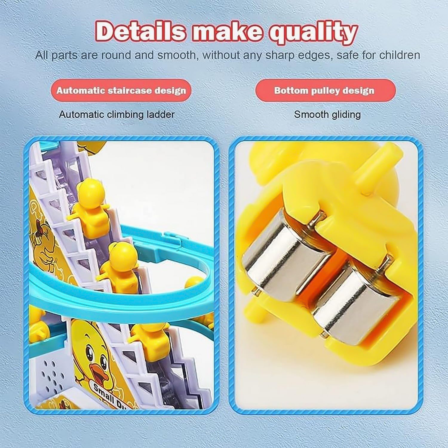 Wukusy Lala Small Duck Climb Stairs Toy Roller Coaster with flashing lights and music, featuring three colorful ducks for kids' play.