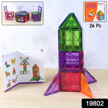 Wukusy Magnetic Building Tiles 26-piece set showing colorful plastic tiles assembled into various structures for creative play.